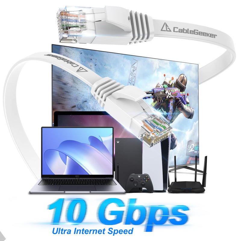 CableGeeker Cat 6 Ethernet Cable 10ft 2-Pack, Indoor&Outdoor, High Speed 10Gbps Internet Network, Pure Copper Flat Ethernet Patch Cable Long, Computer LAN Cable with Clips&Straps for Router,Modem,PS4/5, White - Image 2